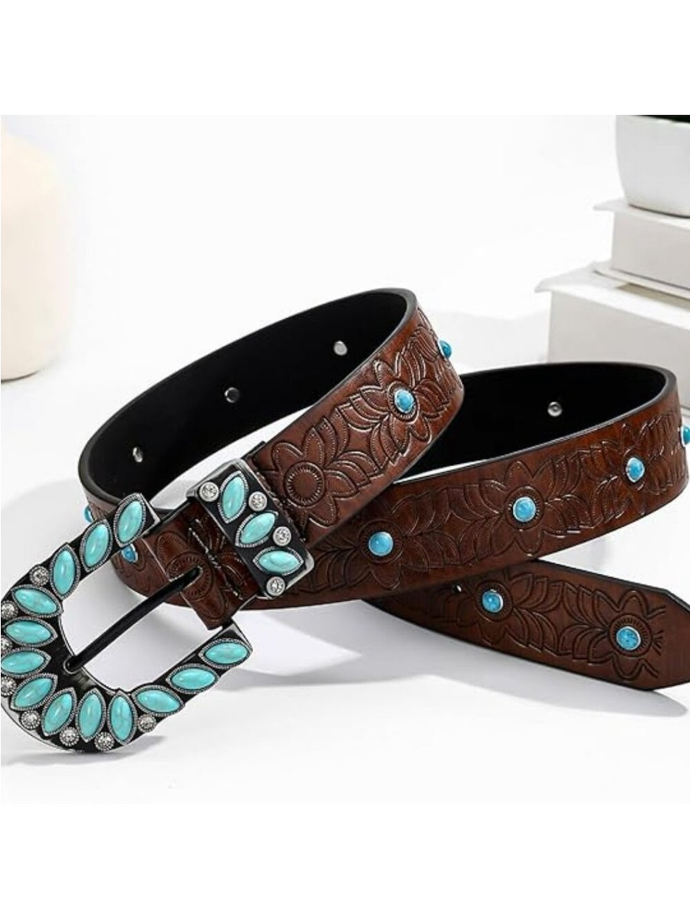 Boho Western Turquoise Belt Cowgirl Brown Statement Buckle Genuine Leather